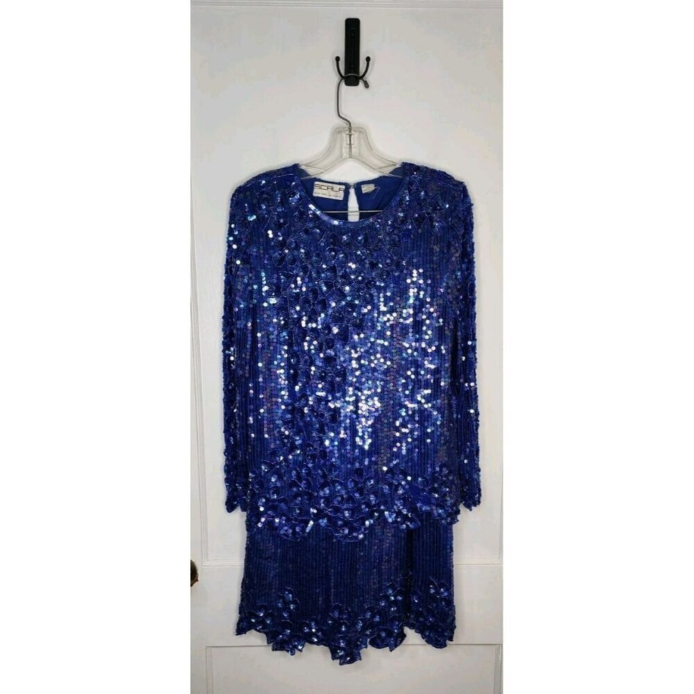 Vintage Scala Silk Sequin Beaded Skirt Shirt Top Blouse Set Suit Sz Small Blue